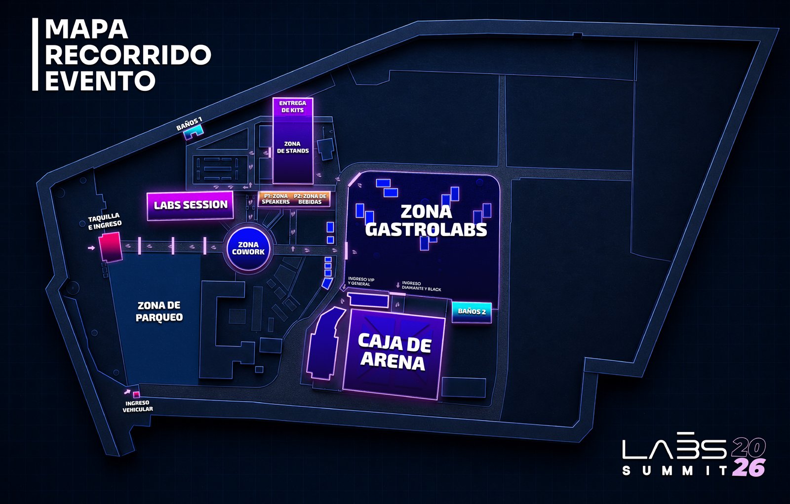 Mapa del recorrido de Labs Summit 2026: taquilla e ingreso, filtros, Zona Cowork, Labs Session, Zona de stands con entrega de kits, P1 zona speakers, P2 zona de bebidas, Zona Gastrolabs, Caja de Arena con ingreso VIP y General e ingreso Diamante y Black, baños 1 y 2, zona de parqueo e ingreso vehicular